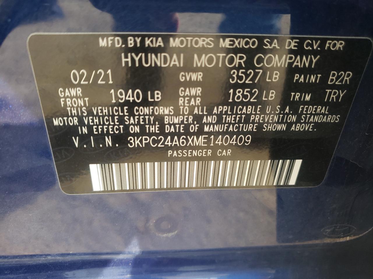 Photo 10 from auction – 2021 HYUNDAI ACCENT SE with VIN 3KPC24A6XME140409