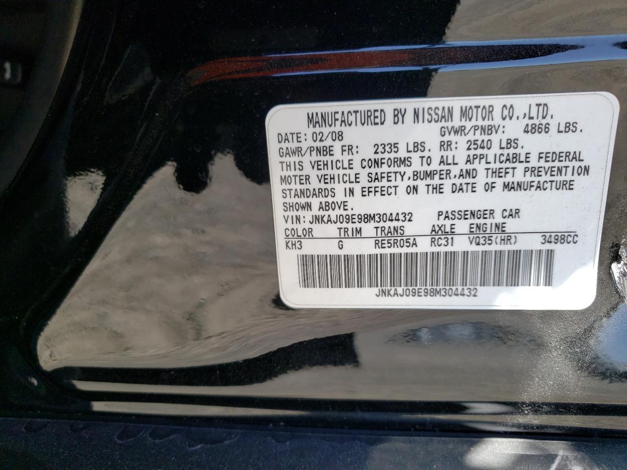 Photo 10 from auction – 2008 INFINITI EX35 BASE with VIN JNKAJ09E98M304432