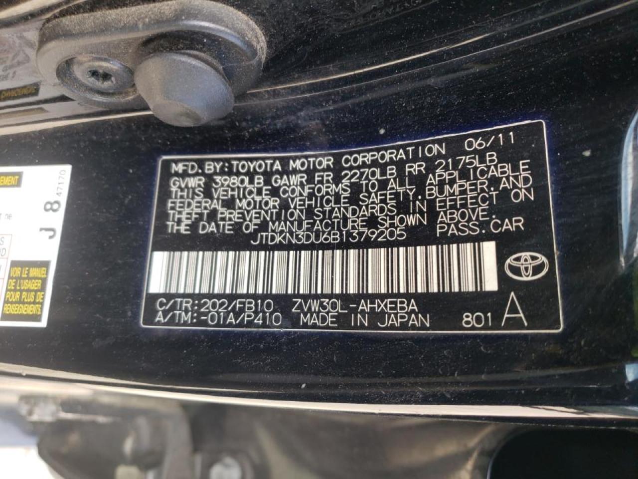 Foto 10 de la subasta – 2011 TOYOTA PRIUS con VIN JTDKN3DU6B1379205