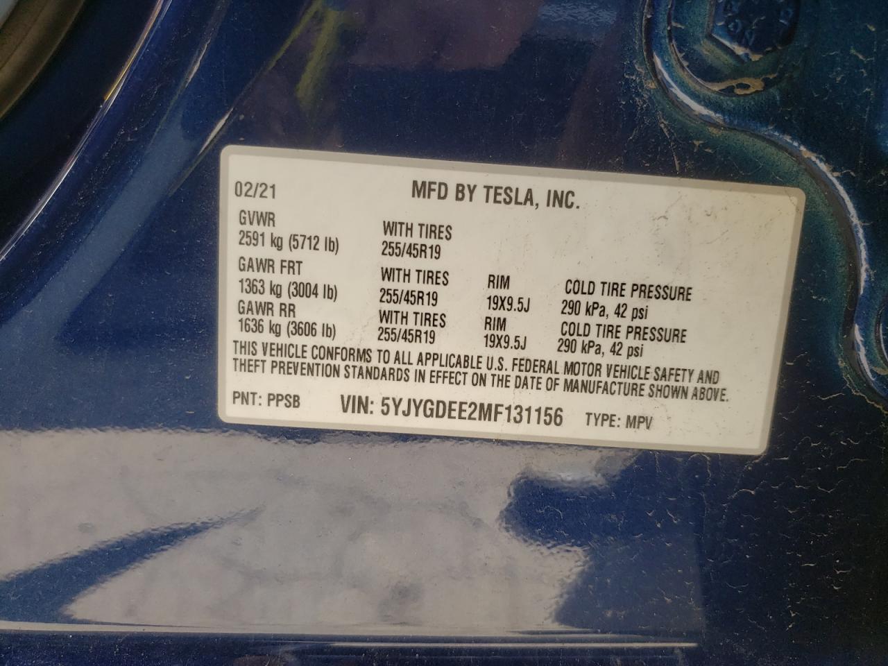 Foto 10 de la subasta – 2021 TESLA MODEL Y con VIN 5YJYGDEE2MF131156