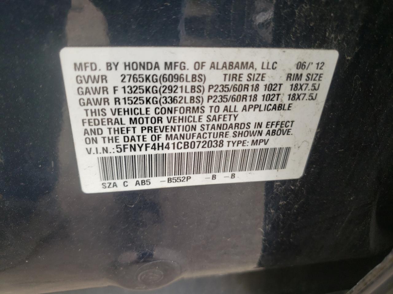 Photo 10 from auction – 2012 HONDA PILOT EX with VIN 5FNYF4H41CB072038
