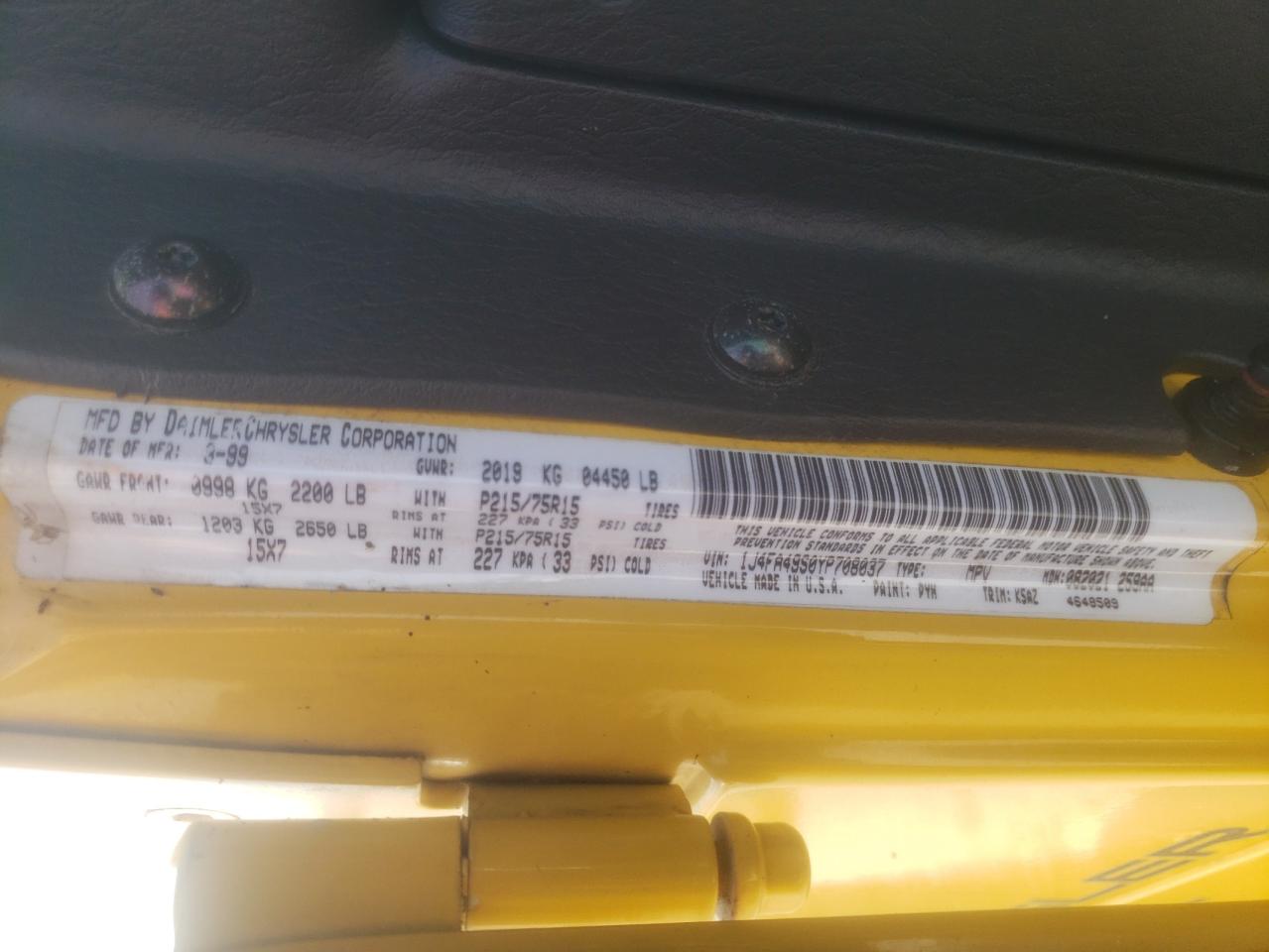 Photo 10 from auction – 2000 JEEP WRANGLER / with VIN 1J4FA49S0YP708037