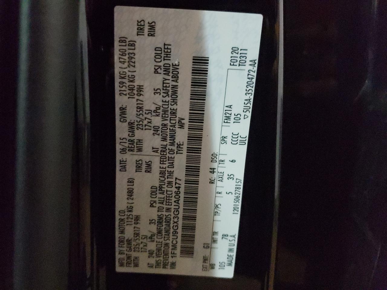 Photo 10 from auction – 2016 FORD ESCAPE SE with VIN 1FMCU9GX3GUA06477