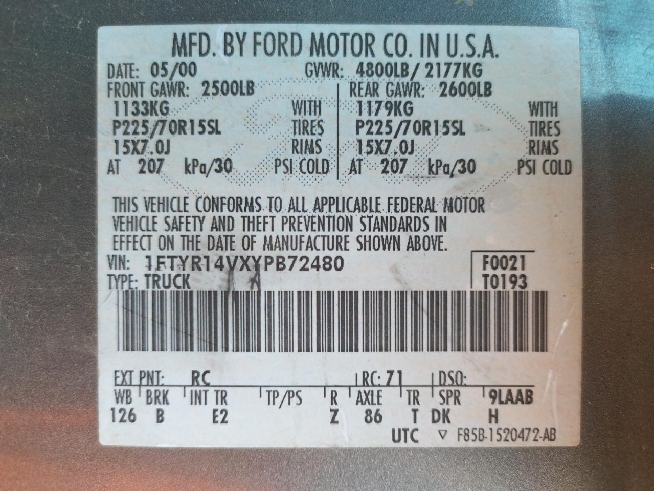 Photo 10 from auction – 2000 FORD RANGER SUP with VIN 1FTYR14VXYPB72480