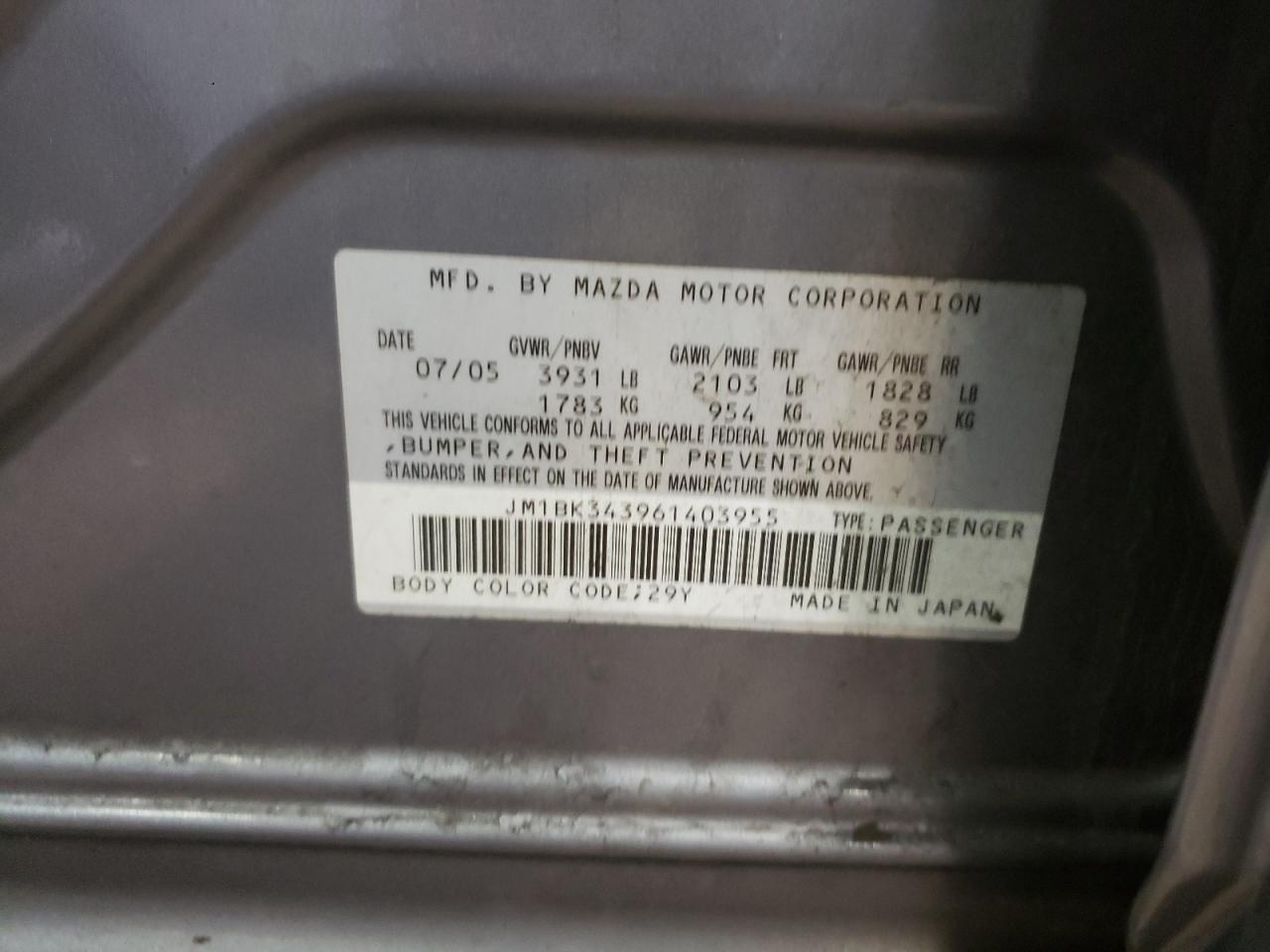 Photo 10 from auction – 2006 MAZDA 3 HATCHBAC with VIN JM1BK343961403955