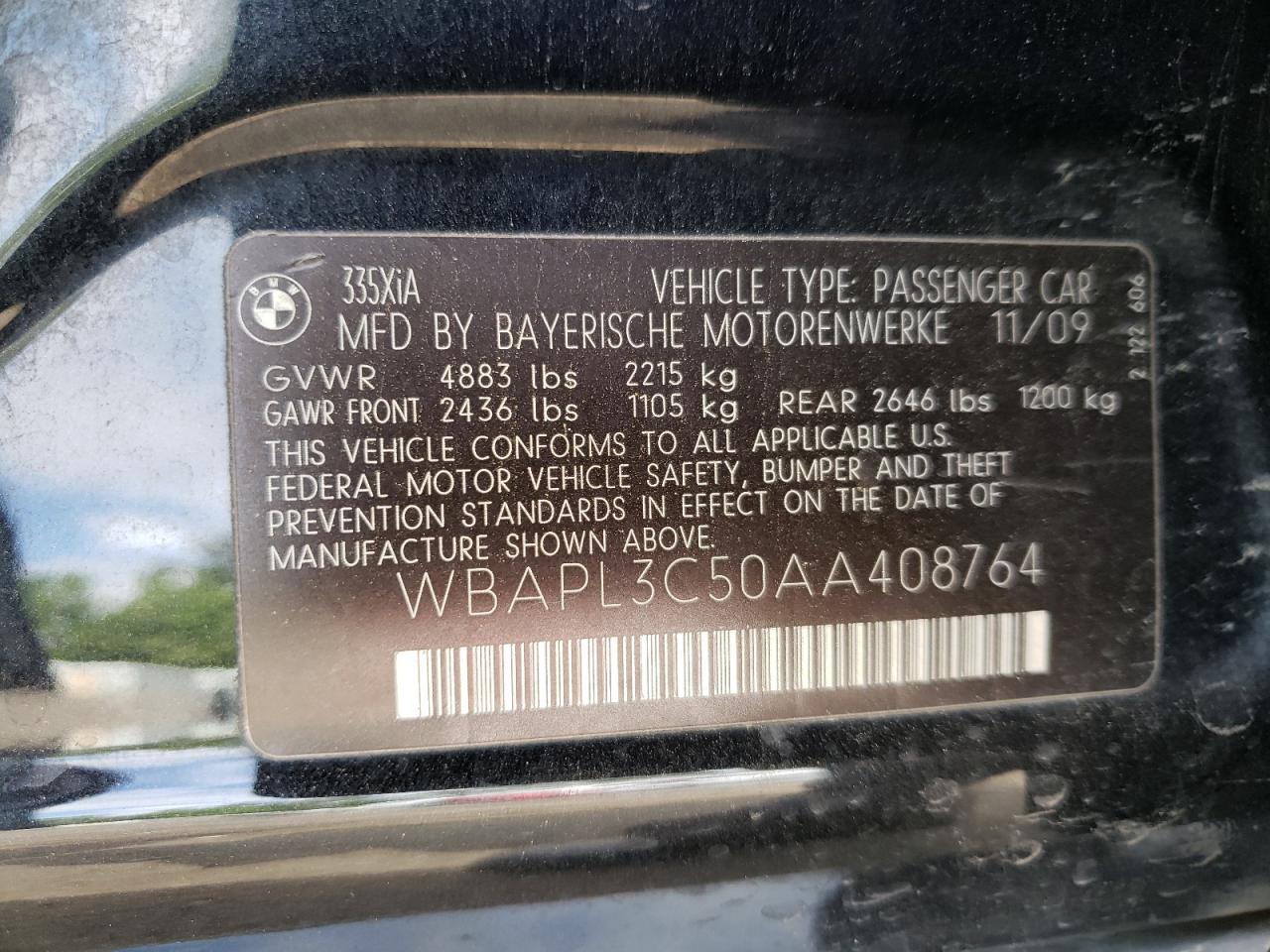 Photo 10 from auction – 2010 BMW 335 XI with VIN WBAPL3C50AA408764