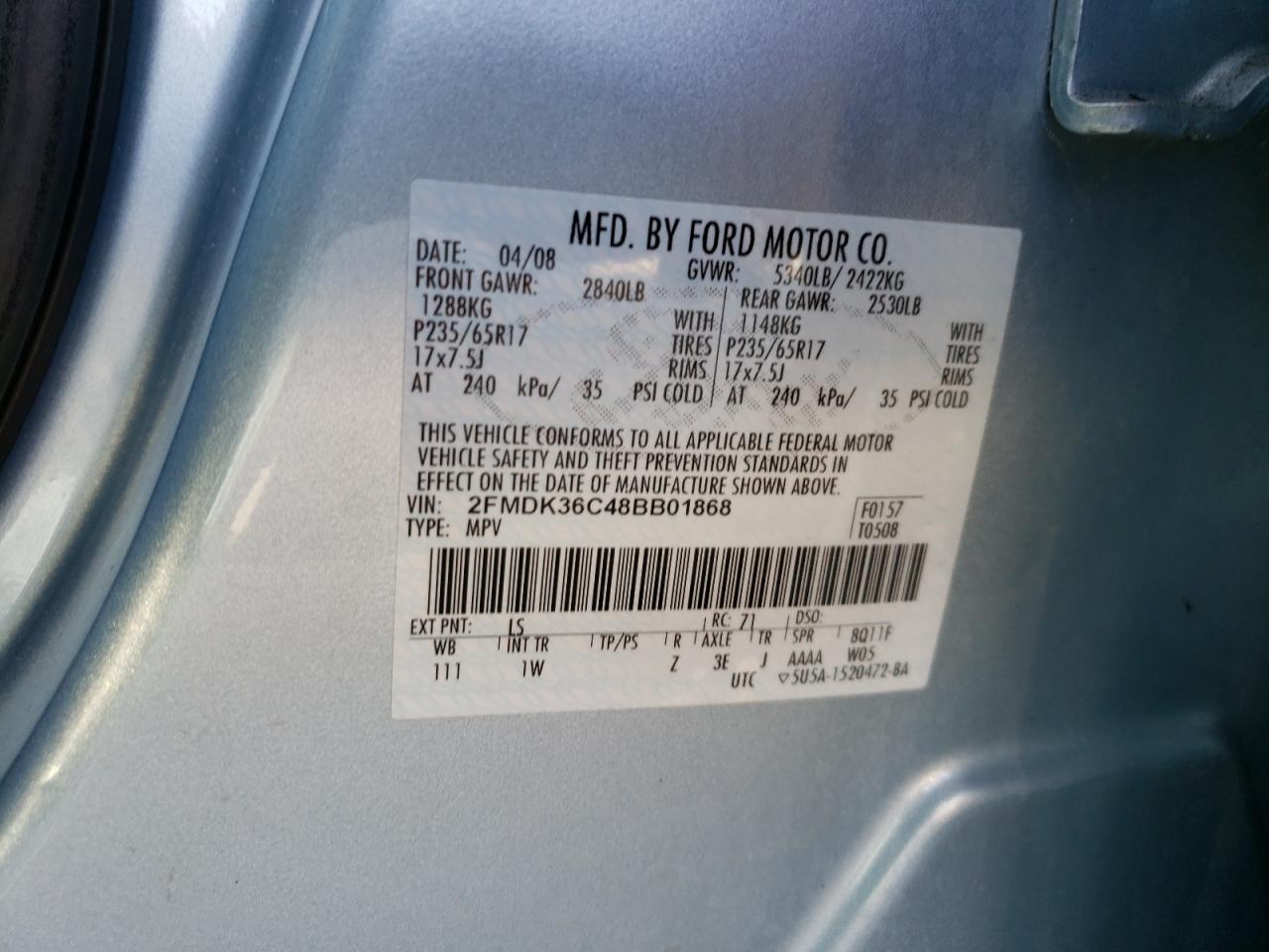 Photo 10 from auction – 2008 FORD EDGE SE with VIN 2FMDK36C48BB01868