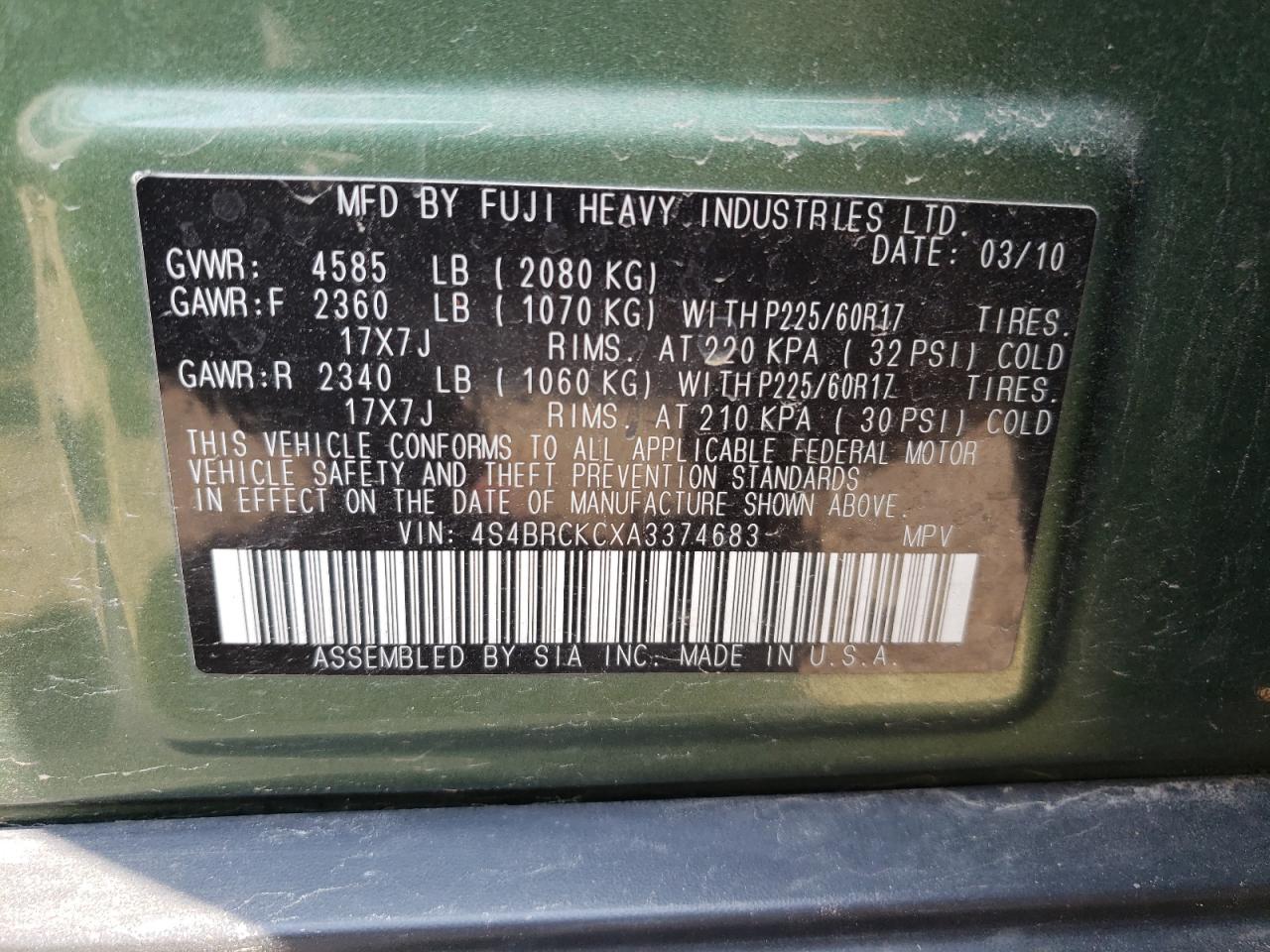 Photo 10 from auction – 2010 SUBARU OUTBACK 2. with VIN 4S4BRCKCXA3374683