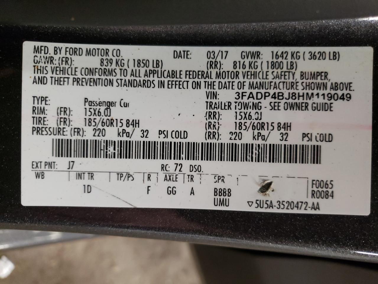 Photo 10 from auction – 2017 FORD FIESTA SE with VIN 3FADP4BJ8HM119049