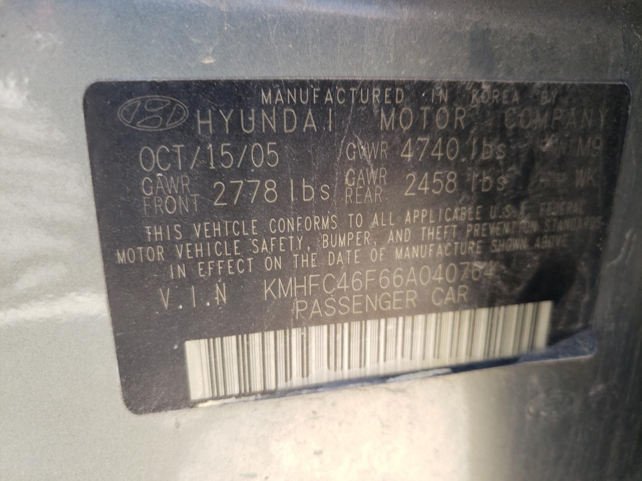 Photo 10 from auction – 2006 HYUNDAI AZERA SE with VIN KMHFC46F66A040764