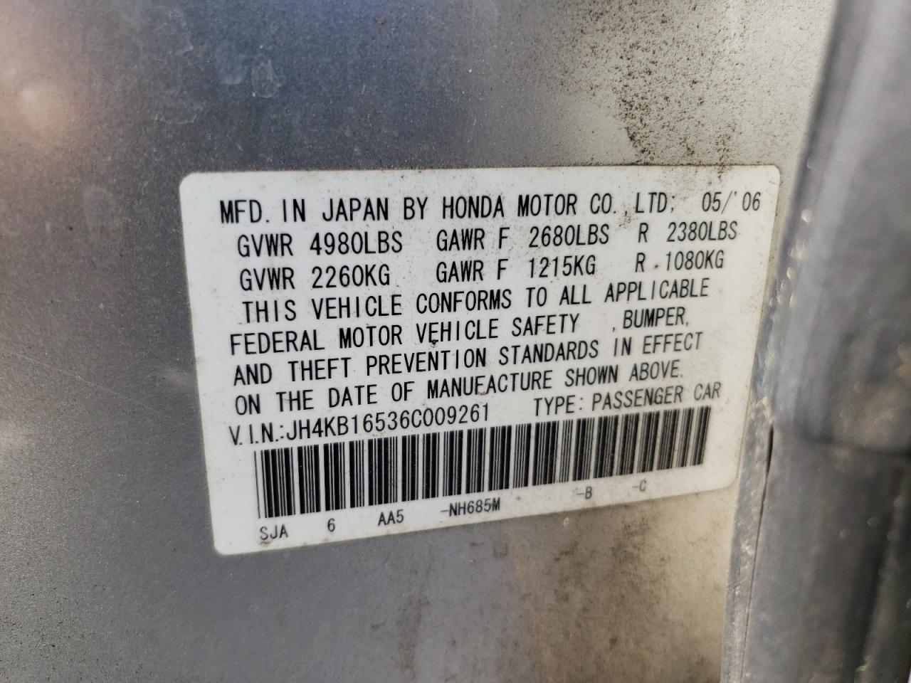 Photo 10 from auction – 2006 ACURA RL with VIN JH4KB16536C009261