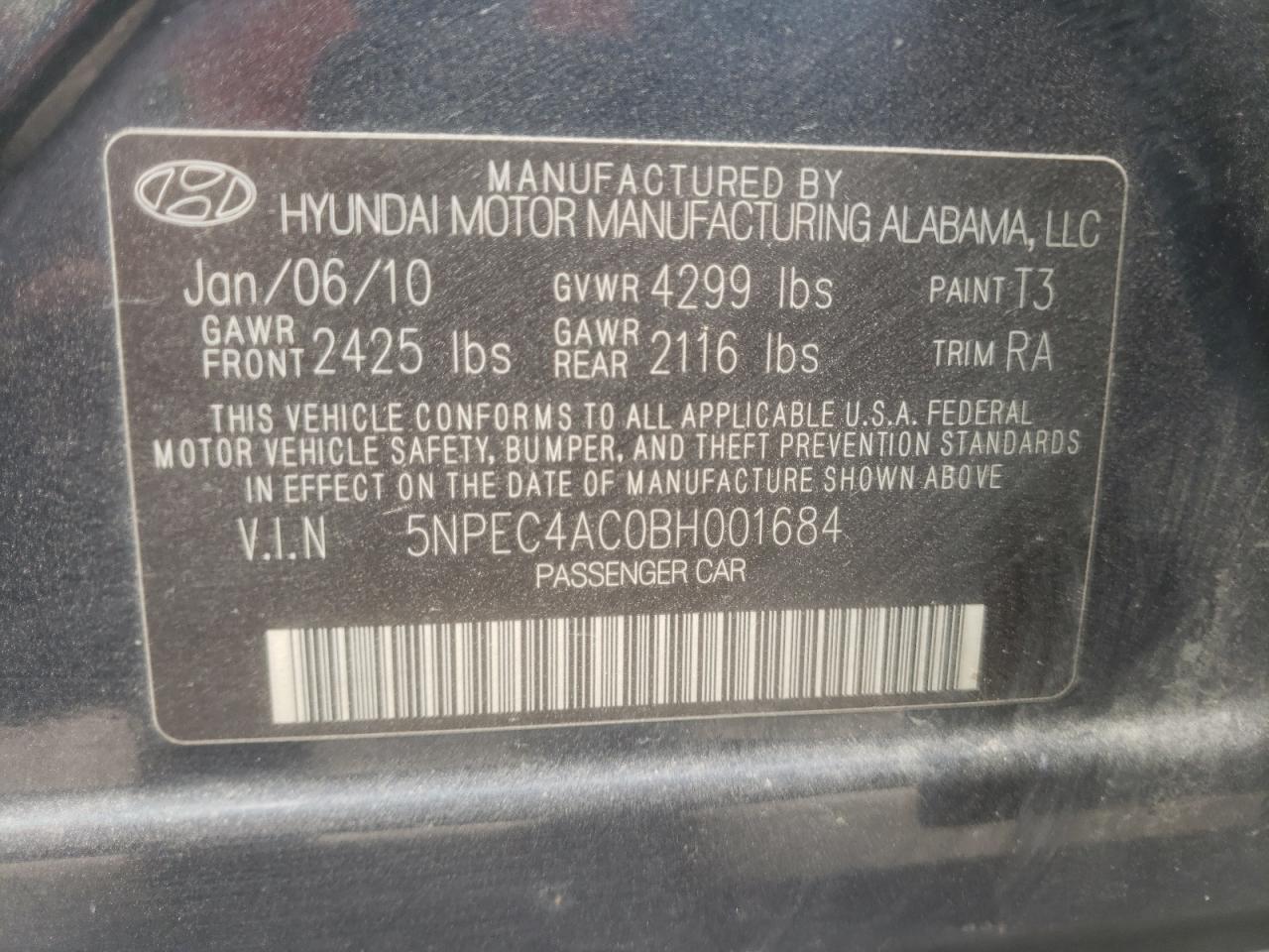 Photo 10 from auction – 2011 HYUNDAI SONATA SE with VIN 5NPEC4AC0BH001684