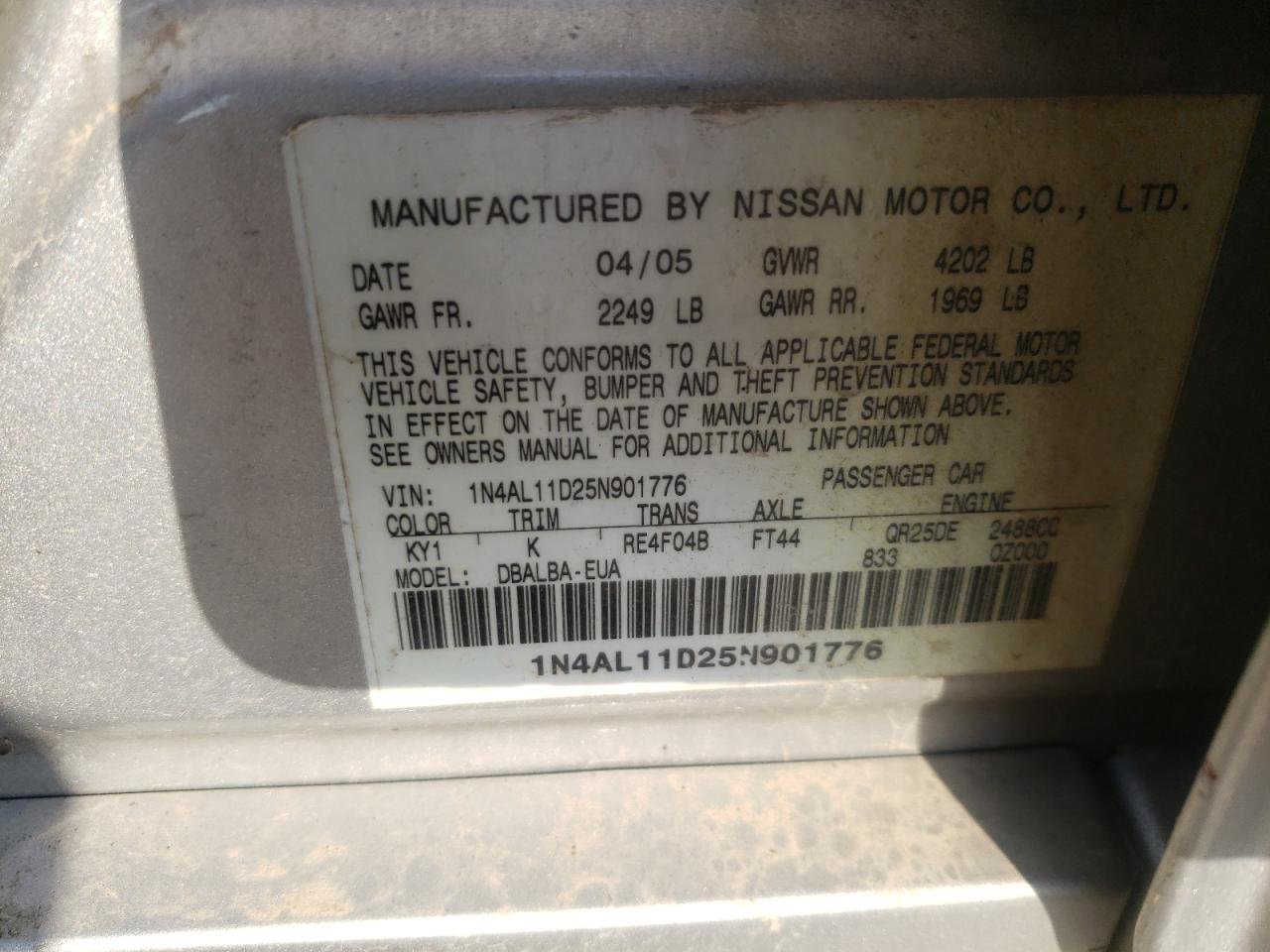 Photo 10 from auction – 2005 NISSAN ALTIMA with VIN 1N4AL11D25N901776