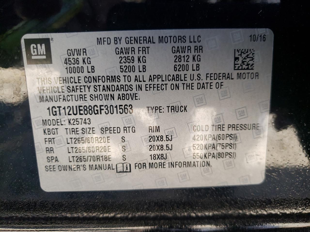 Photo 10 from auction – 2016 GMC SIERRA K25 with VIN 1GT12UE88GF301563