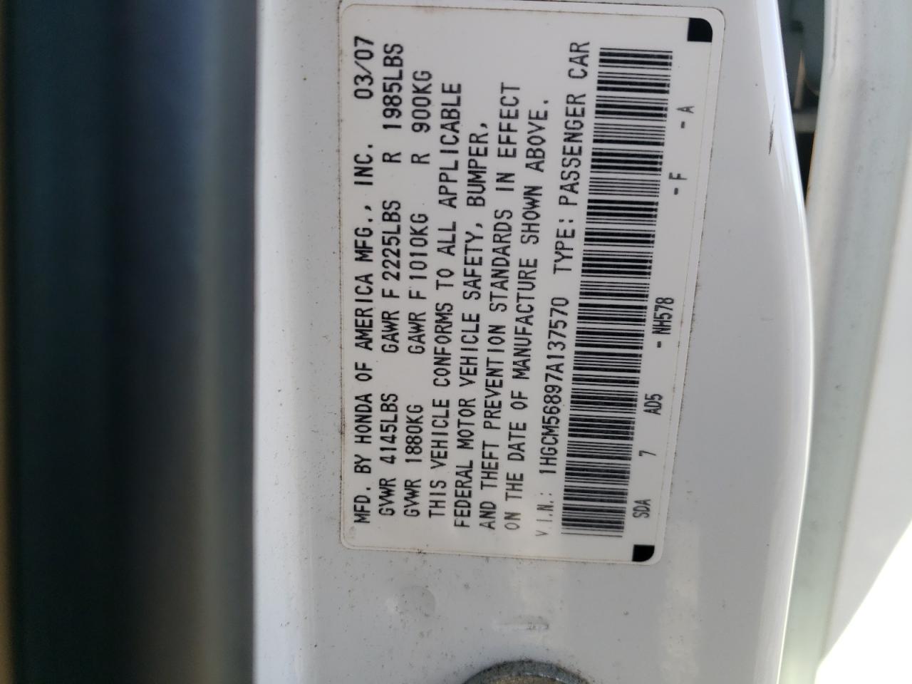Photo 10 from auction – 2007 HONDA ACCORD EX with VIN 1HGCM56897A137570