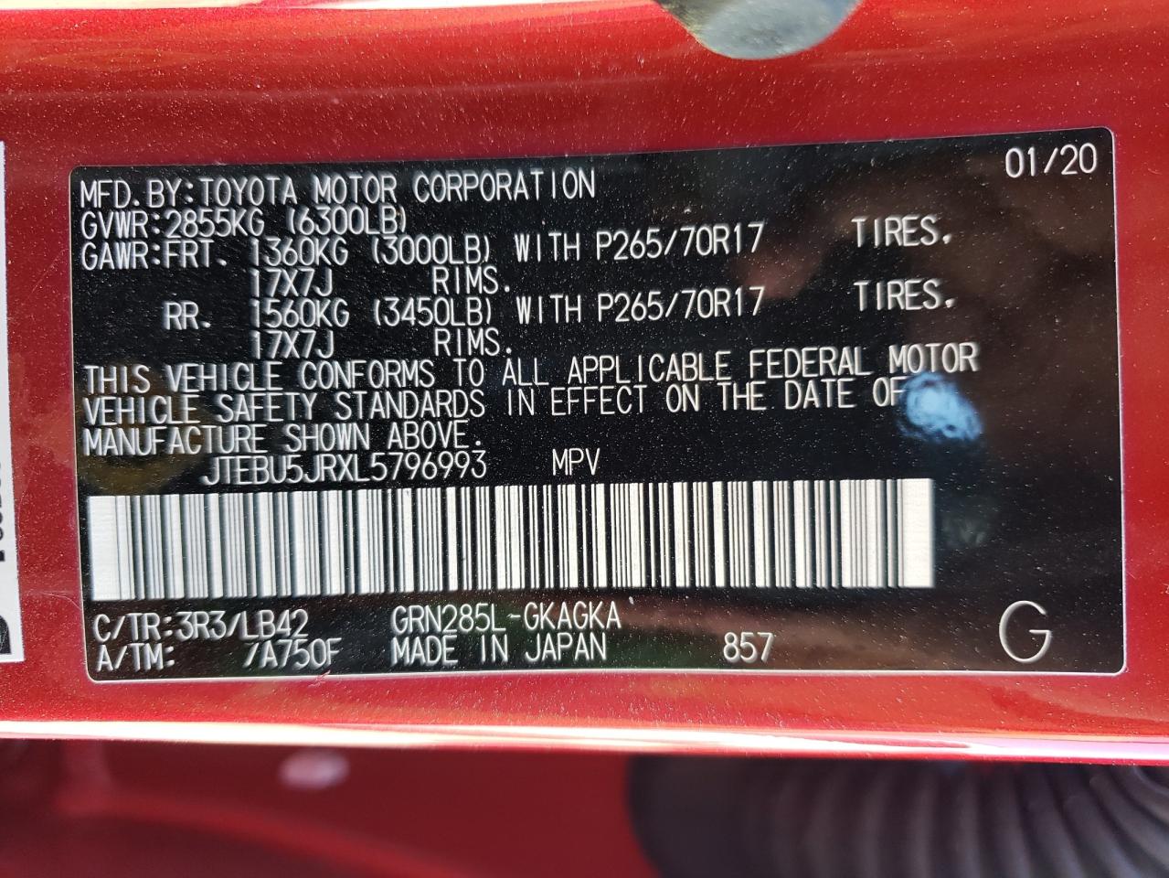 Photo 10 from auction – 2020 TOYOTA 4RUNNER SR with VIN JTEBU5JRXL5796993