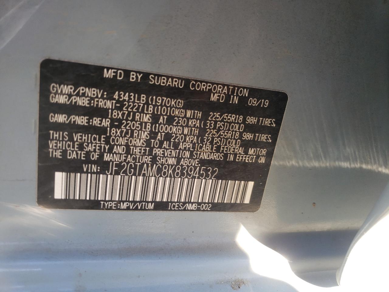 Photo 10 from auction – 2019 SUBARU CROSSTREK with VIN JF2GTAMC8K8394532