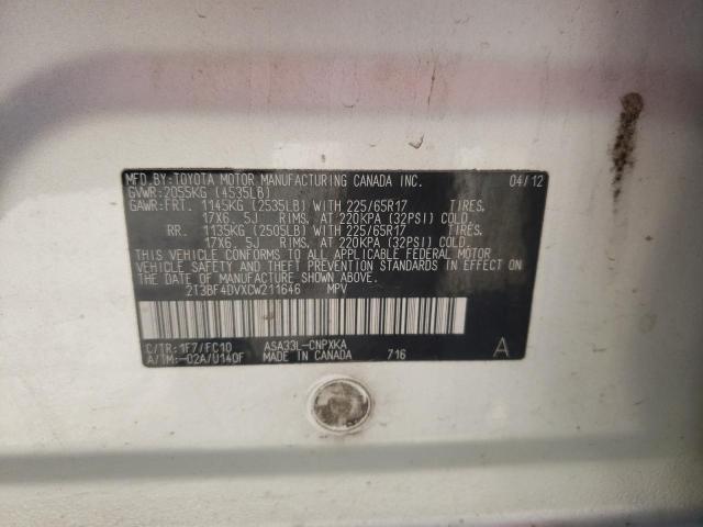 Photo 10 from auction – 2012 TOYOTA RAV4 with VIN 2T3BF4DVXCW211646