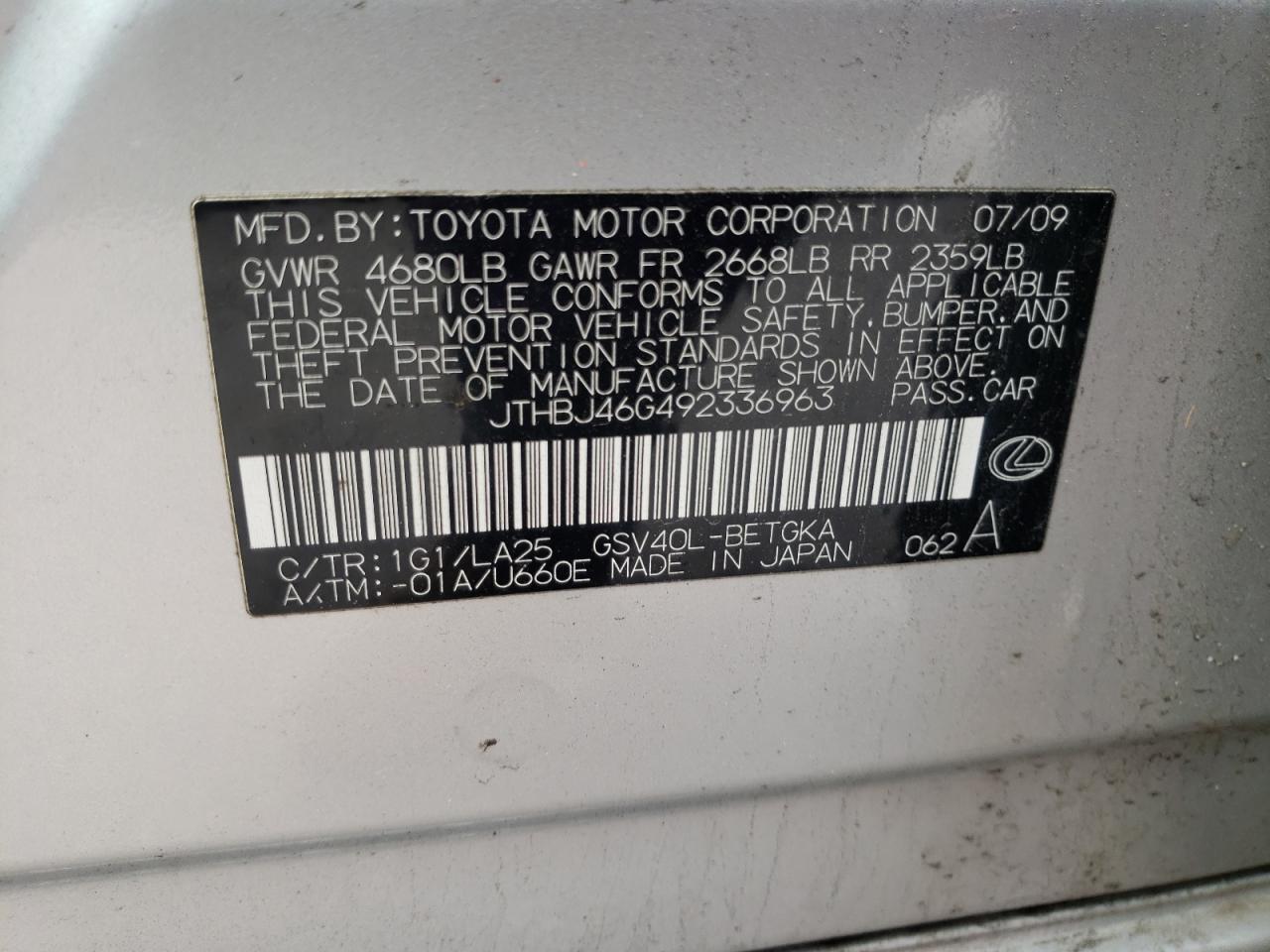 Photo 10 from auction – 2009 LEXUS ES 350 with VIN JTHBJ46G492336963