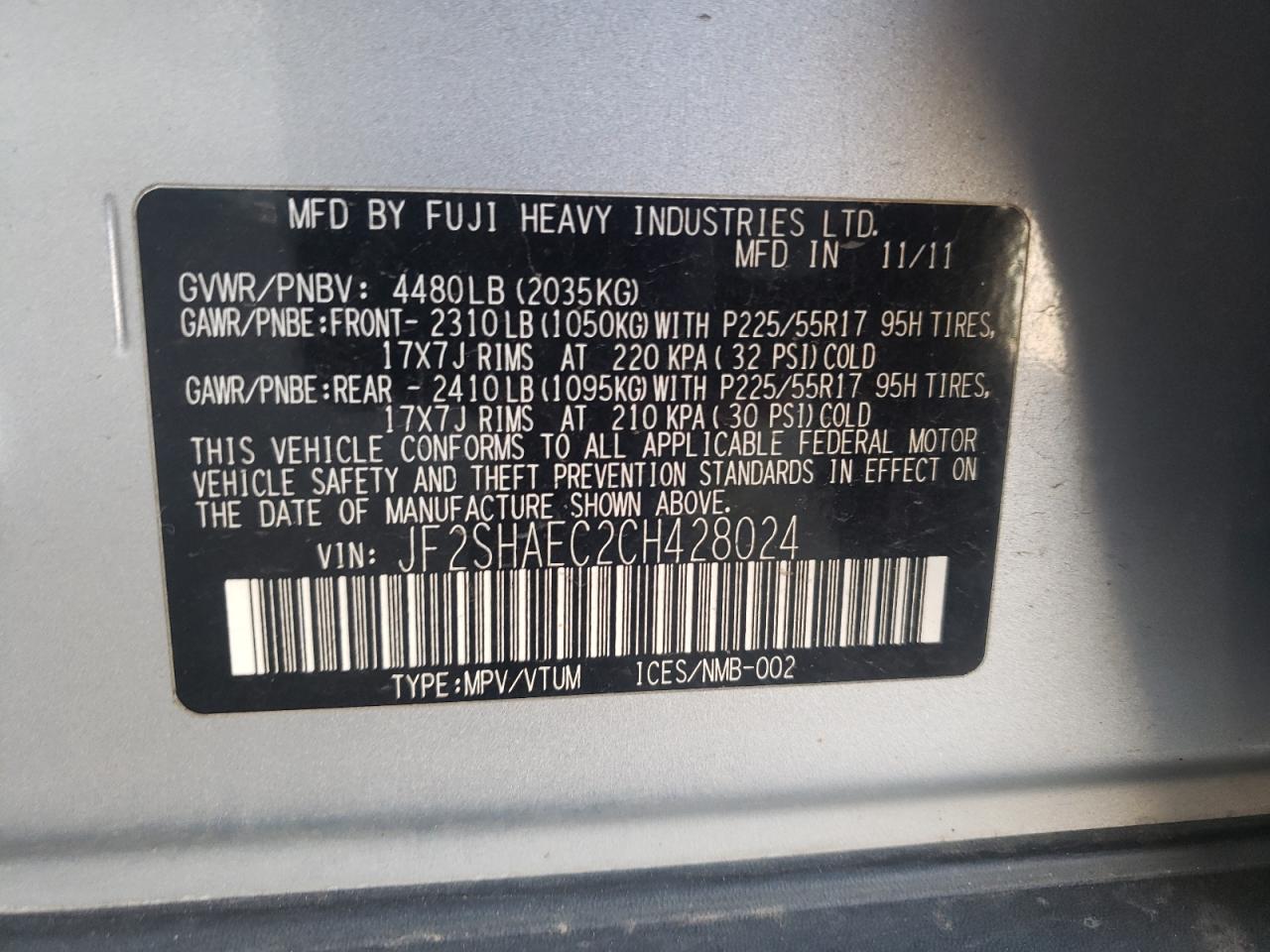 Photo 10 from auction – 2012 SUBARU FORESTER L with VIN JF2SHAEC2CH428024