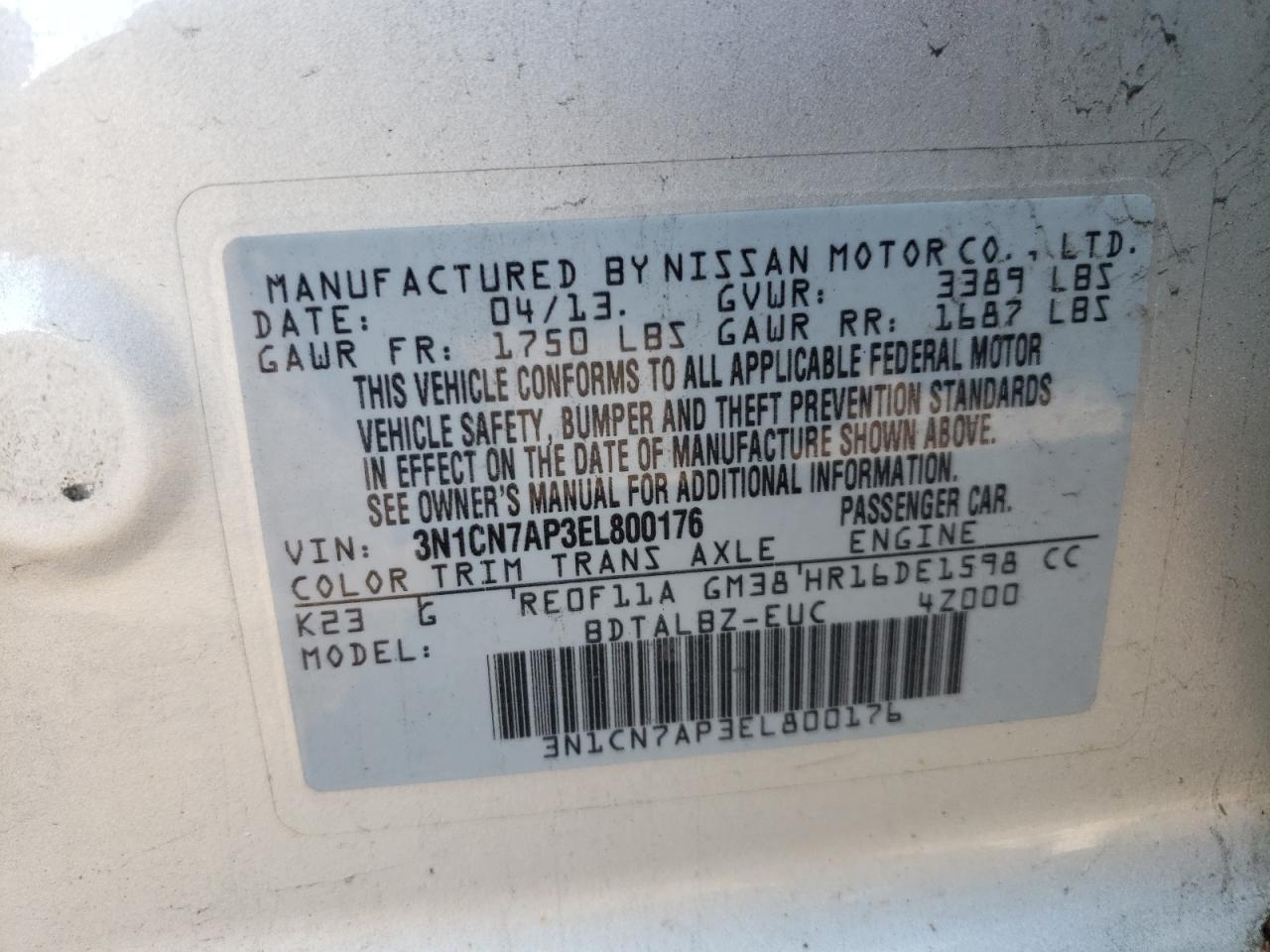 Photo 10 from auction – 2014 NISSAN VERSA S with VIN 3N1CN7AP3EL800176
