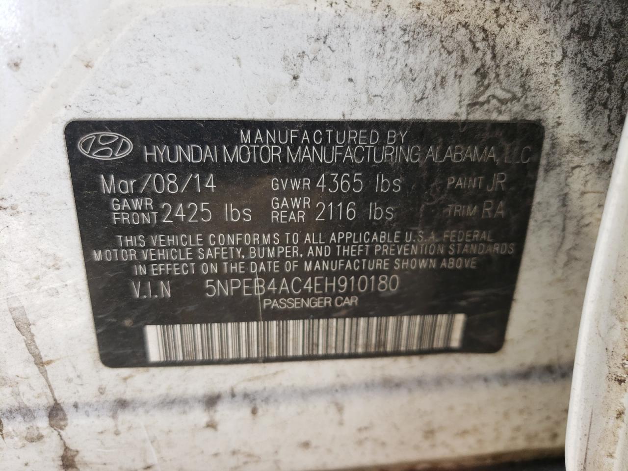 Photo 10 from auction – 2014 HYUNDAI SONATA GLS with VIN 5NPEB4AC4EH910180