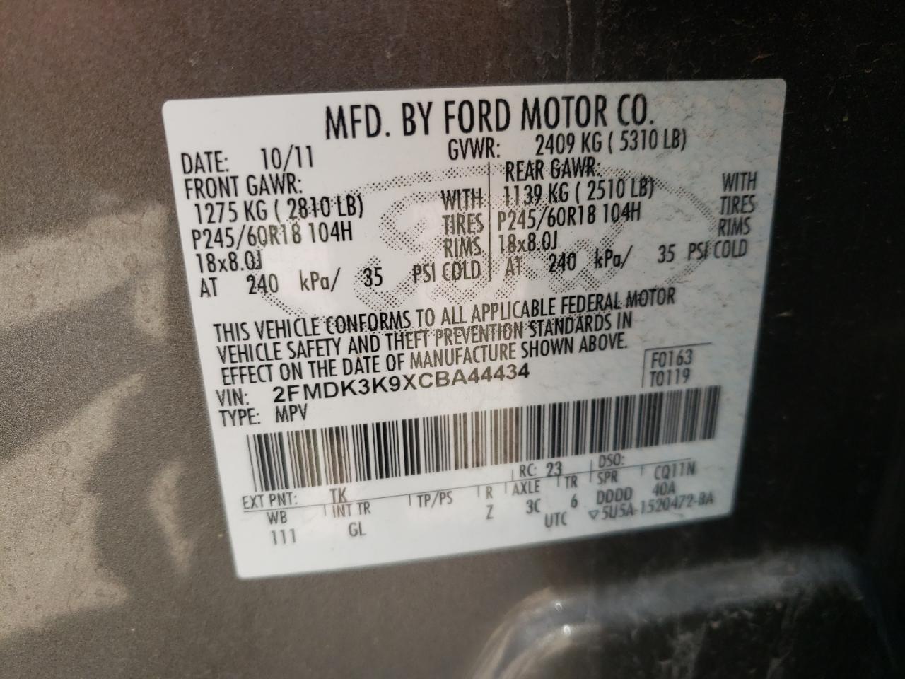 Photo 10 from auction – 2012 FORD EDGE LIMIT with VIN 2FMDK3K9XCBA44434