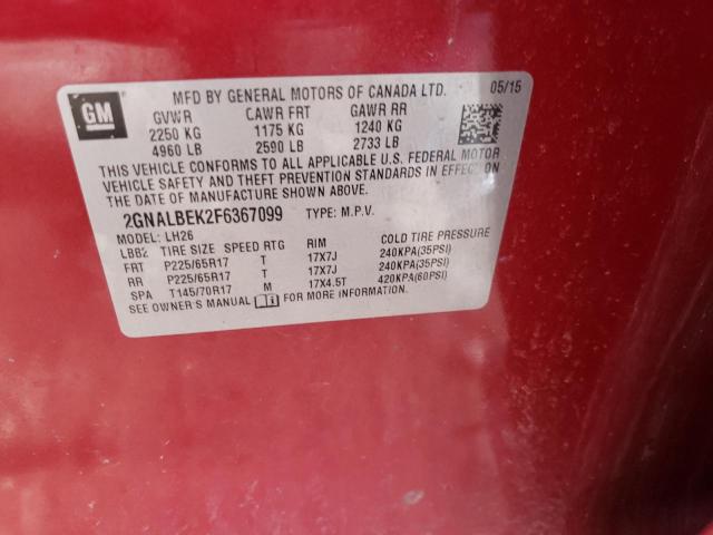Photo 10 from auction – 2015 CHEVROLET EQUINOX LT with VIN 2GNALBEK2F6367099