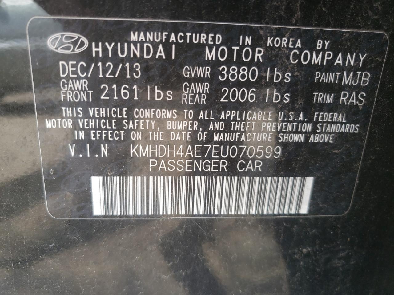 Photo 10 from auction – 2014 HYUNDAI ELANTRA SE with VIN KMHDH4AE7EU070599