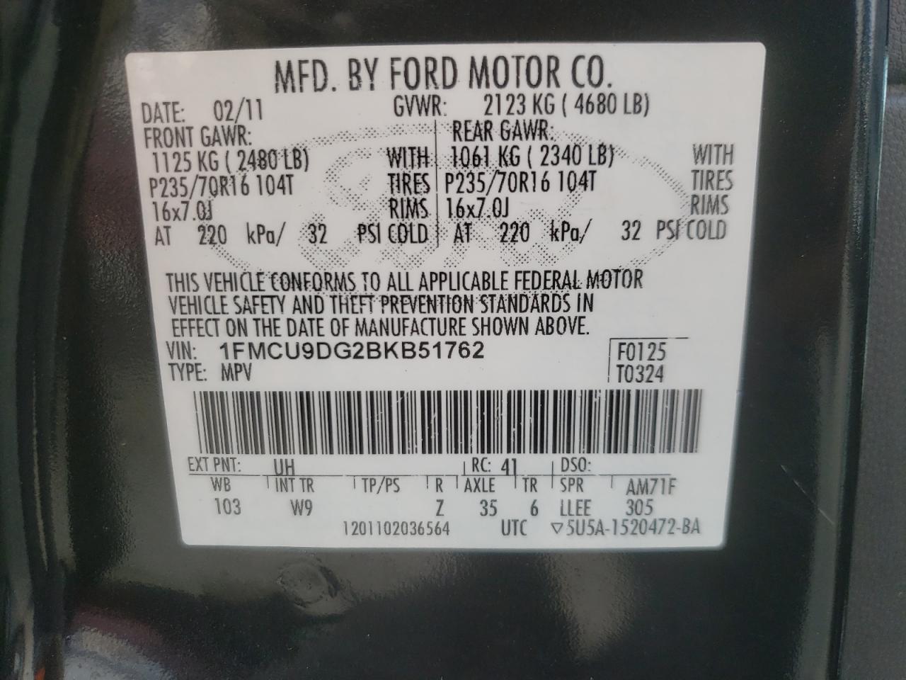 Photo 10 from auction – 2011 FORD ESCAPE XLT with VIN 1FMCU9DG2BKB51762