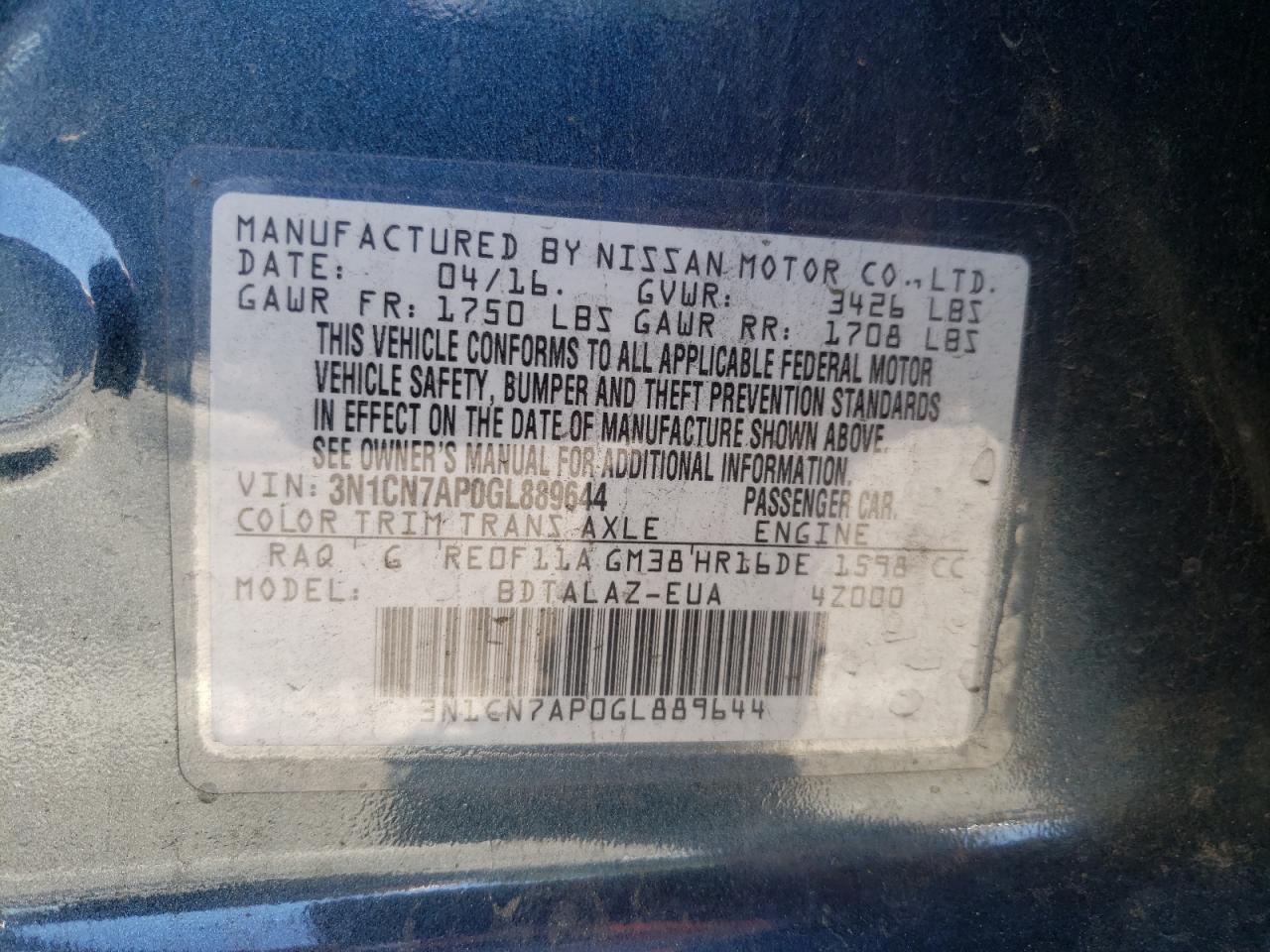 Photo 10 from auction – 2016 NISSAN VERSA S with VIN 3N1CN7AP0GL889644