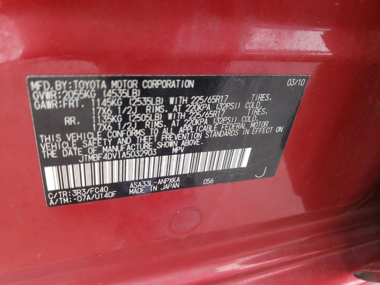 Photo 10 from auction – 2010 TOYOTA RAV4 with VIN JTMBF4DV1A5032903