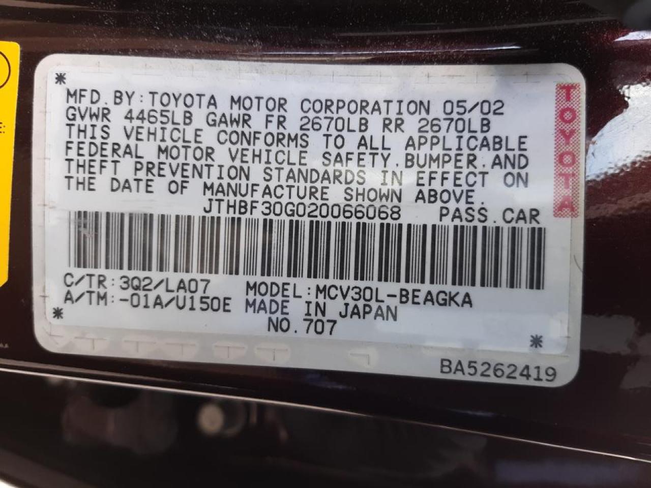 Photo 10 from auction – 2002 LEXUS ES 300 with VIN JTHBF30G020066068
