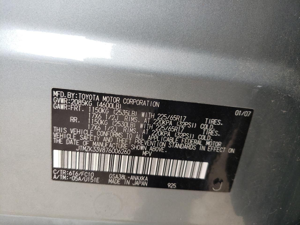 Photo 11 from auction – 2007 TOYOTA RAV4 with VIN JTMZK33V876006260