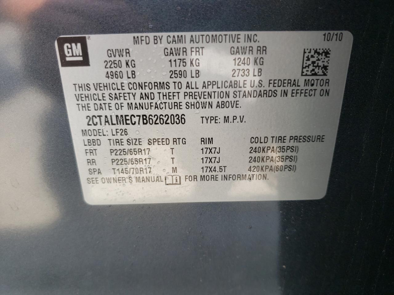 Photo 10 from auction – 2011 GMC TERRAIN SL with VIN 2CTALMEC7B6262036