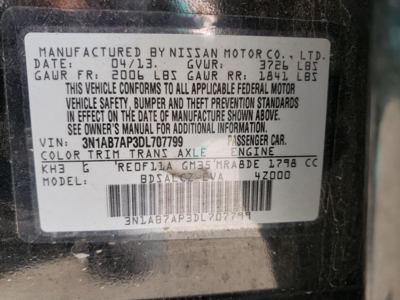 Photo 11 from auction – 2013 NISSAN SENTRA S with VIN 3N1AB7AP3DL707799