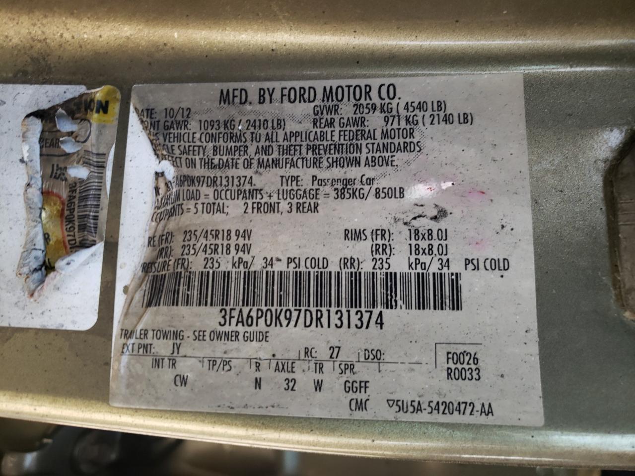 Photo 10 from auction – 2013 FORD FUSION TIT with VIN 3FA6P0K97DR131374