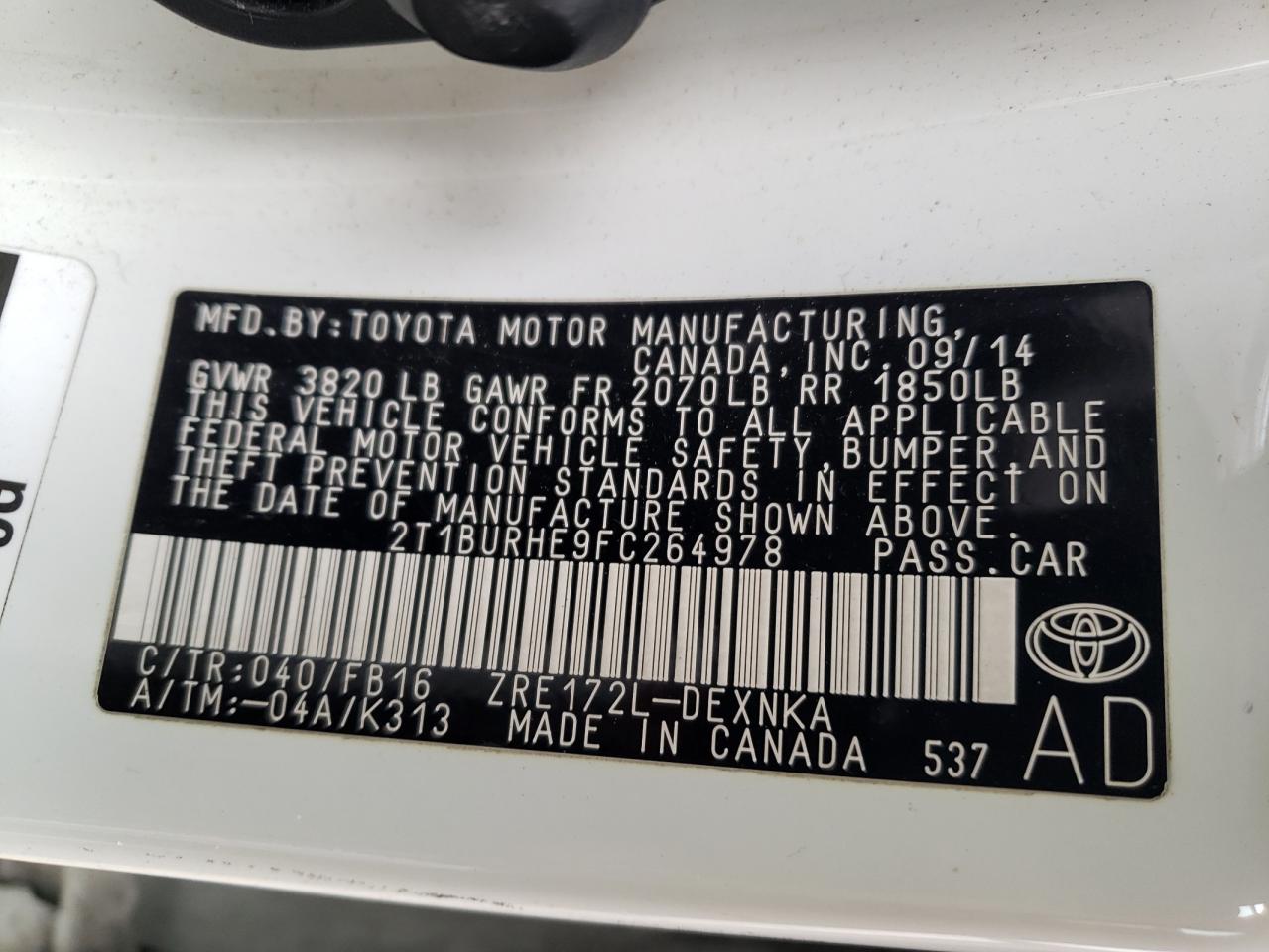 Photo 10 from auction – 2015 TOYOTA COROLLA L with VIN 2T1BURHE9FC264978