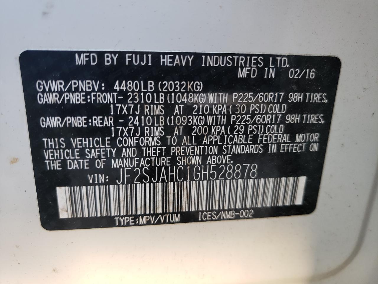 Photo 10 from auction – 2016 SUBARU FORESTER 2 with VIN JF2SJAHC1GH528878