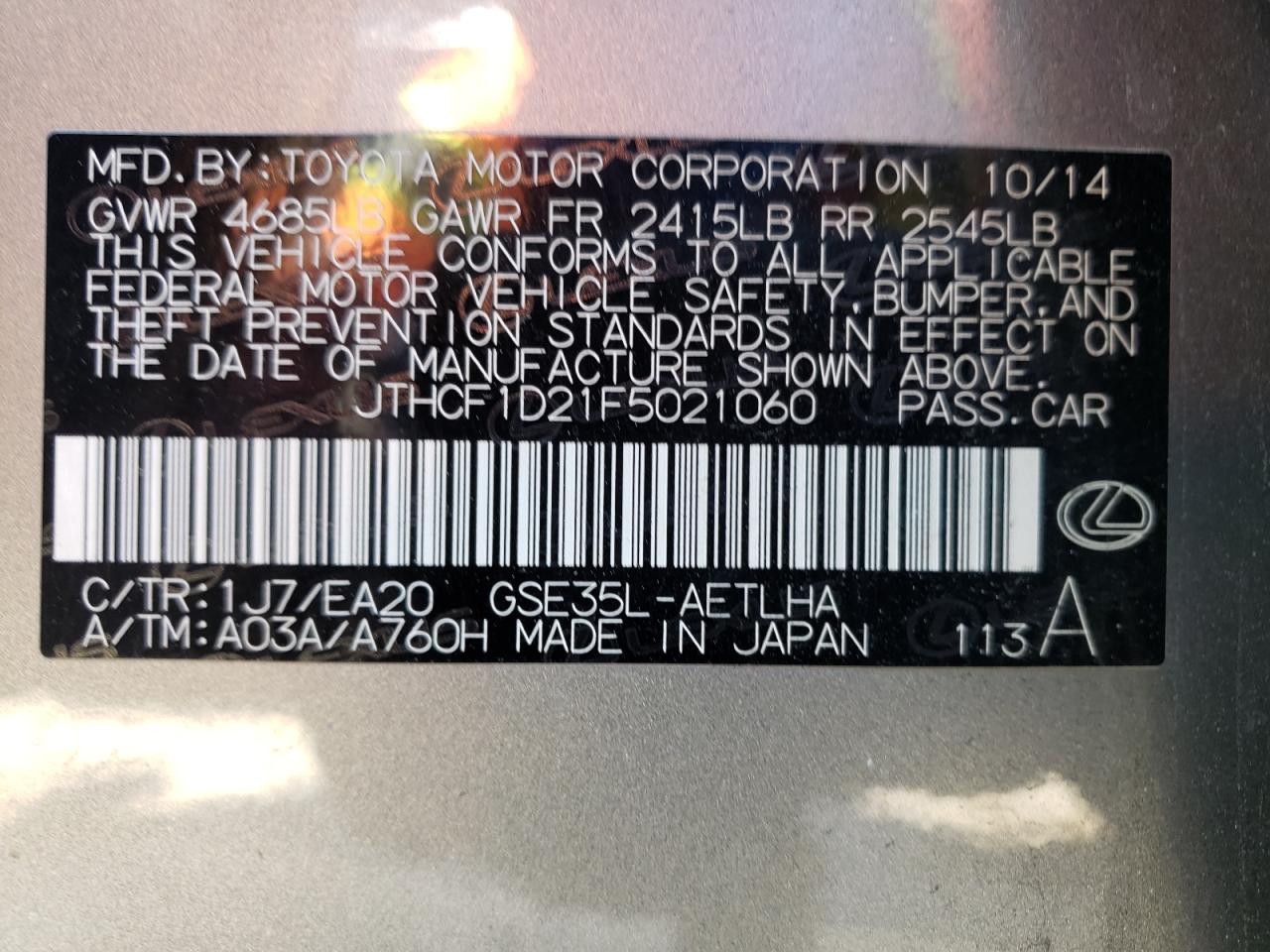 Photo 10 from auction – 2015 LEXUS IS 250 with VIN JTHCF1D21F5021060