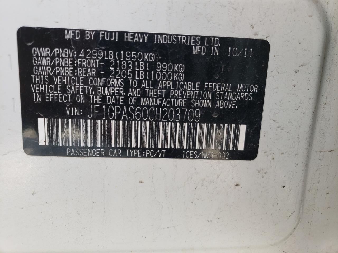 Photo 10 from auction – 2012 SUBARU IMPREZA SP with VIN JF1GPAS60CH203709