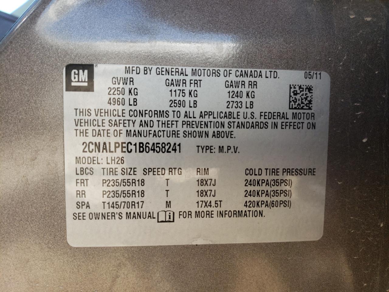 Photo 10 from auction – 2011 CHEVROLET EQUINOX LT with VIN 2CNALPEC1B6458241