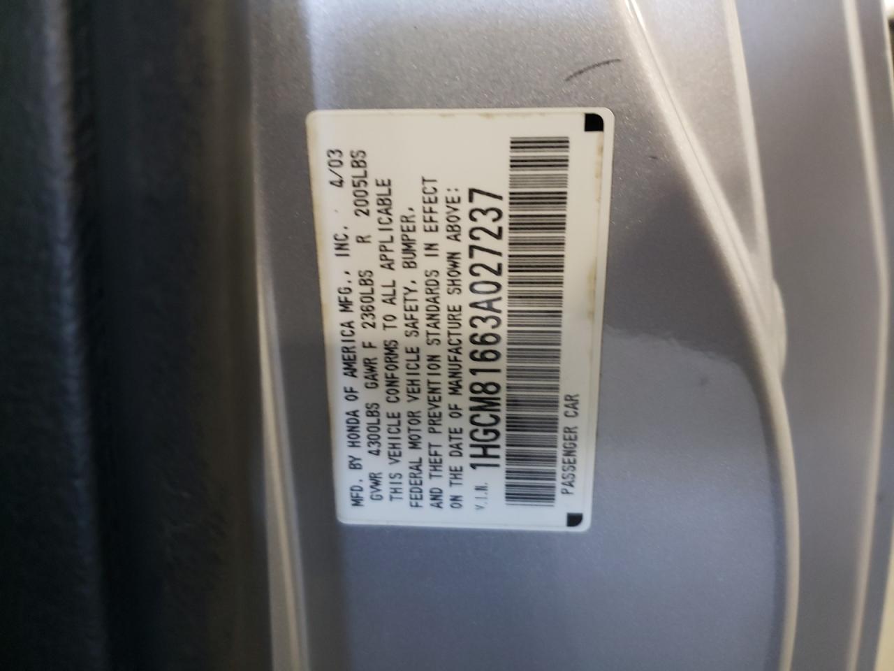 Photo 10 from auction – 2003 HONDA ACCORD EX with VIN 1HGCM81663A027237