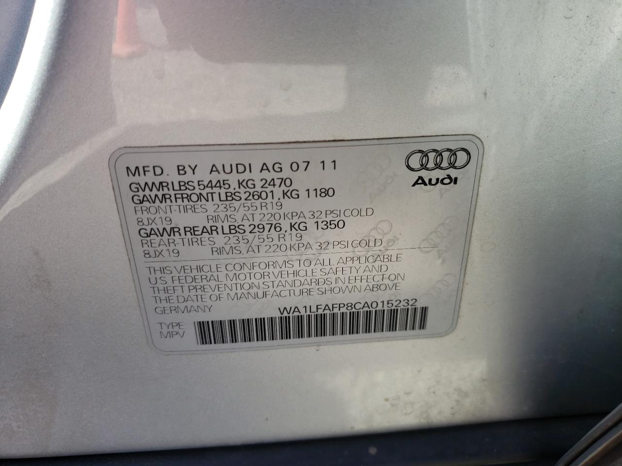 Photo 10 from auction – 2012 AUDI Q5 PREMIUM with VIN WA1LFAFP8CA015232