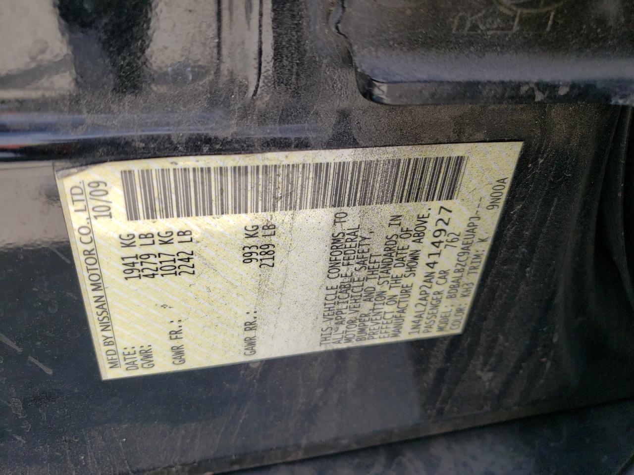Photo 10 from auction – 2010 NISSAN ALTIMA BAS with VIN 1N4AL2AP2AN414927