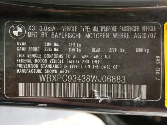 Photo 10 from auction – 2008 BMW X3 3.0SI with VIN WBXPC93438WJ06883