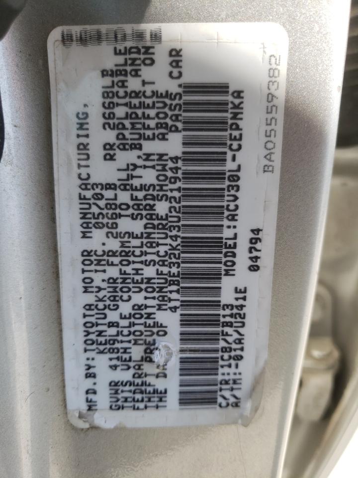 Photo 10 from auction – 2003 TOYOTA CAMRY LE with VIN 4T1BE32K43U221944