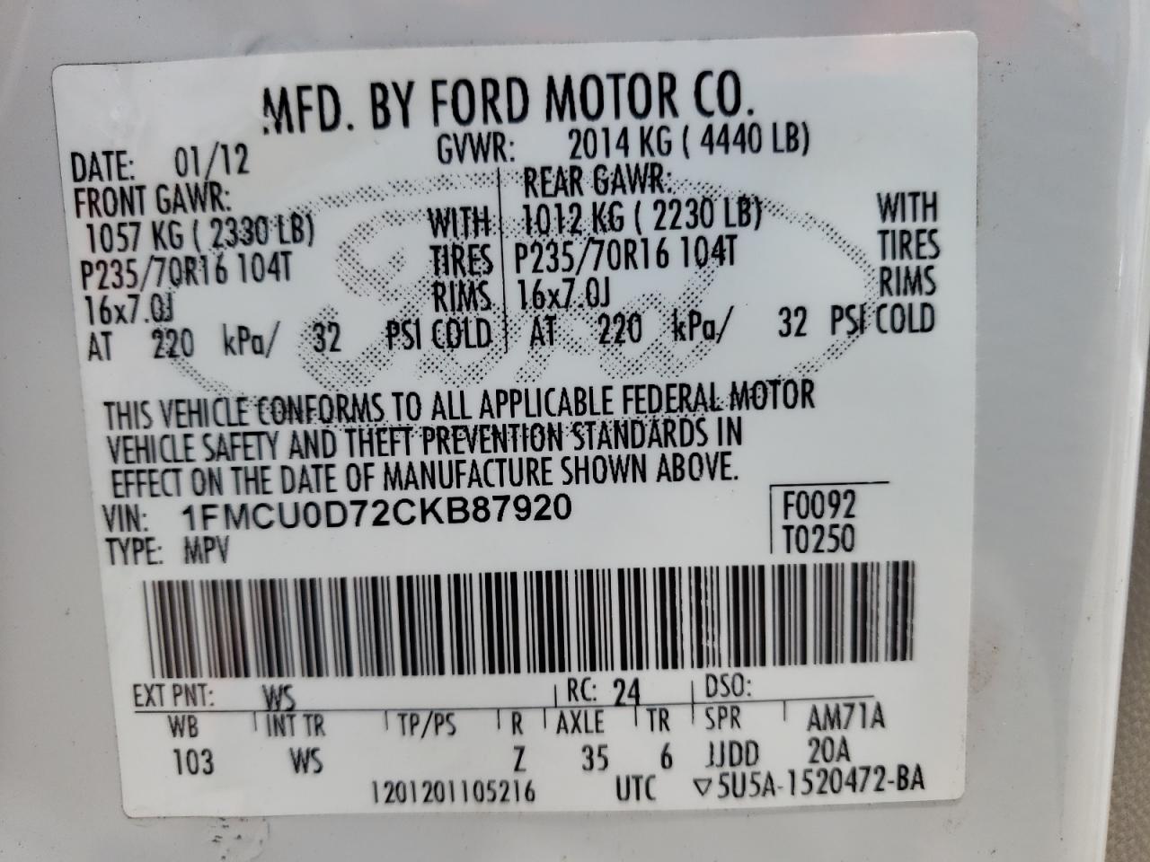 Photo 10 from auction – 2012 FORD ESCAPE XLT with VIN 1FMCU0D72CKB87920