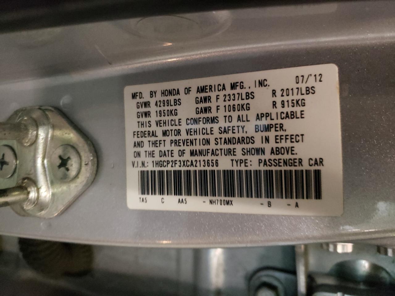 Photo 10 from auction – 2012 HONDA ACCORD LX with VIN 1HGCP2F3XCA213656