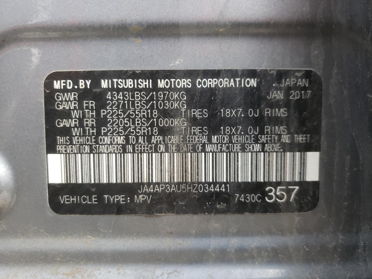 Photo 10 from auction – 2017 MITSUBISHI OUTLANDER with VIN JA4AP3AU5HZ034441